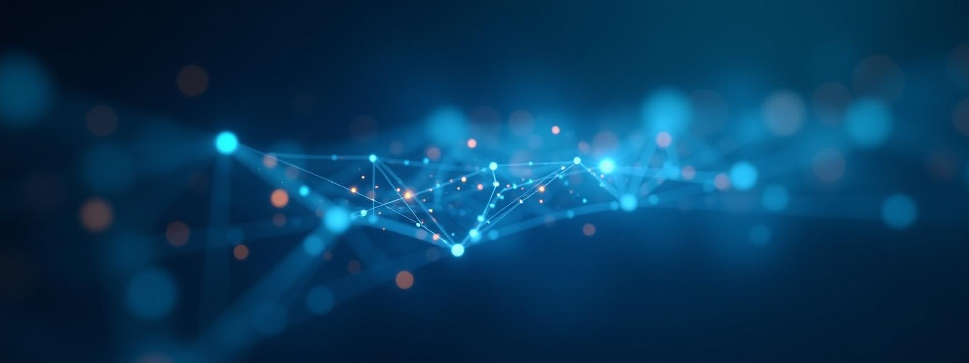 Абстрактная технологичная графика, символизирующая потоки данных и процесс обучения, с полупрозрачными элементами и яркими акцентами.